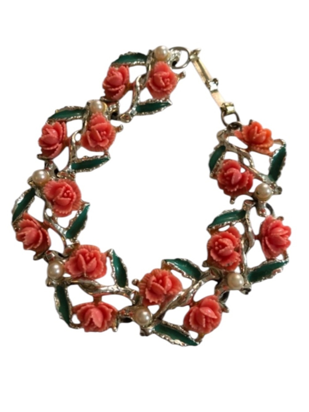 Vintage Coral Celluloid Roses Bracelet